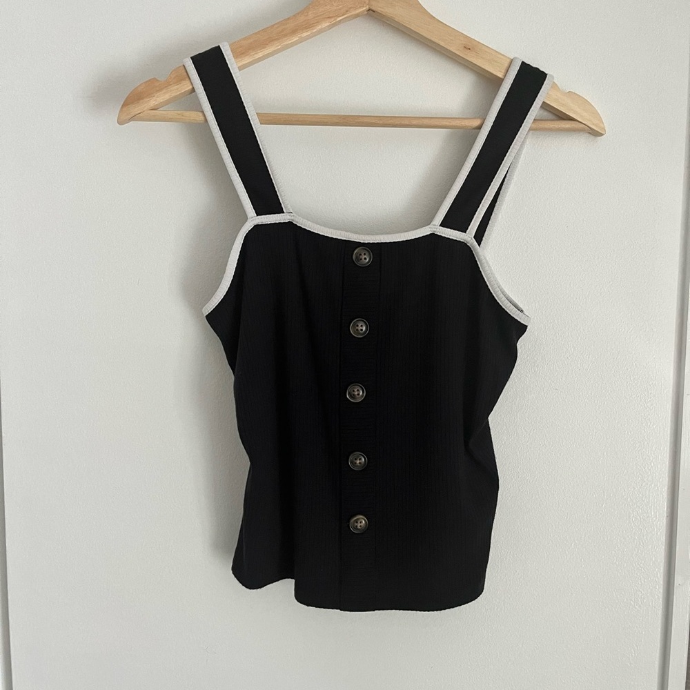 A New Day Black Tank Crop Top Button Ribbed Womens size small